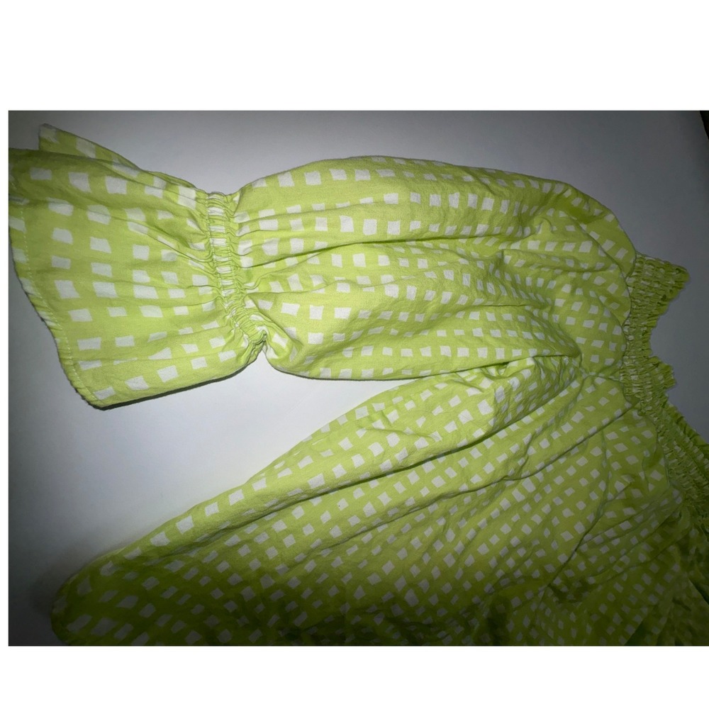 Crown Ivy Lime Green White Gingham Smocked Off Shoulder Crop Top Blouse Women XL - Picture 2 of 5
